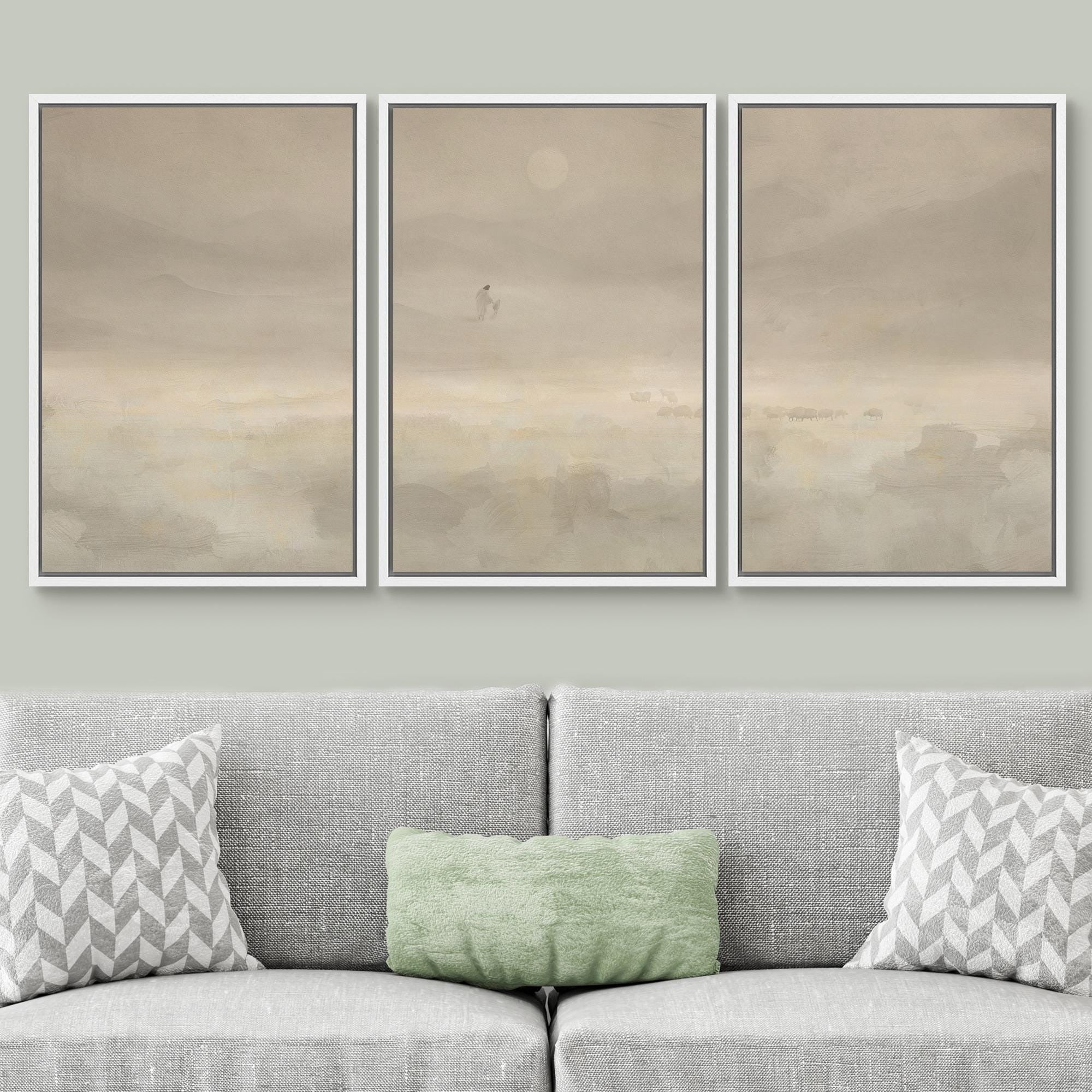 Jesus & Sheep Poster – Set of 3 Framed Minimalist Christian Prints, Pastoral Abstract Landscape in Soft Neutrals for Church or Home DecorGift, Minimalist Christian Art Jesus
