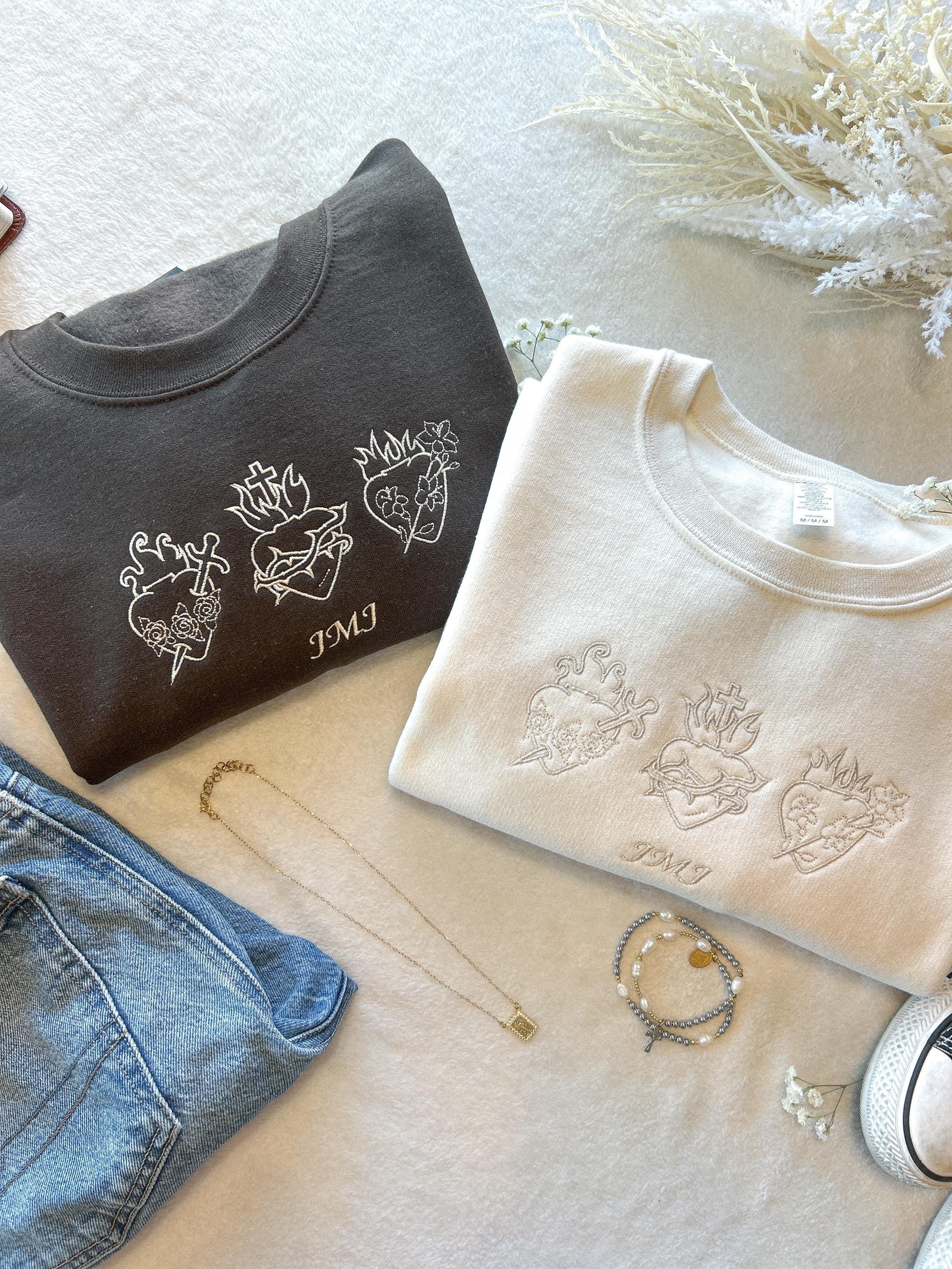 Holy Family Hearts Embroidered Sweatshirt, Sacred Heart of Jesus Embroidered Sweater, Christmas Gifts, Most Chaste Heart, Catholic Gift, Christian Apparel