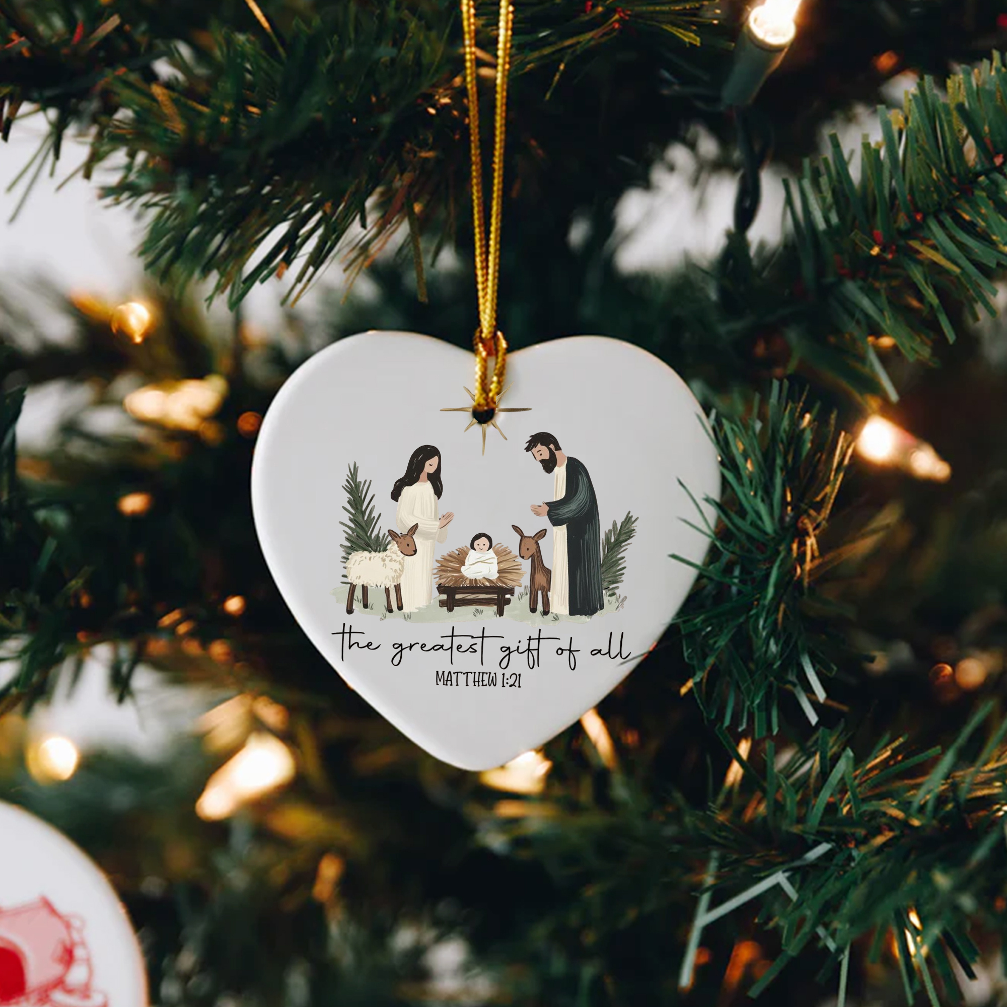 Minimalist Nativity Scene Christmas Ornament, Greatest Gift of All Matthew 1:21, Christian Holiday Decoration, Religious Xmas Tree Decor DCLAF43