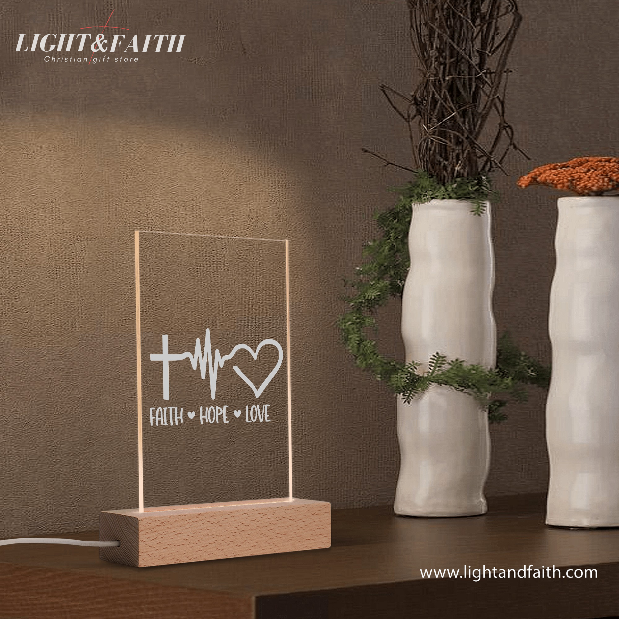 Faith - Hope - Love LED Light, Christian Bible Verse Lamp, Inspirational Acrylic Night Light, Religious Home Decor, Faith Gift for Believers. NLLAF18