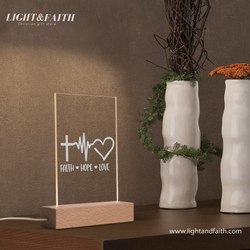 Faith - Hope - Love LED Light, Christian Bible Verse Lamp, Inspirational Acrylic Night Light, Religious Home Decor, Faith Gift for Believers. NLLAF18