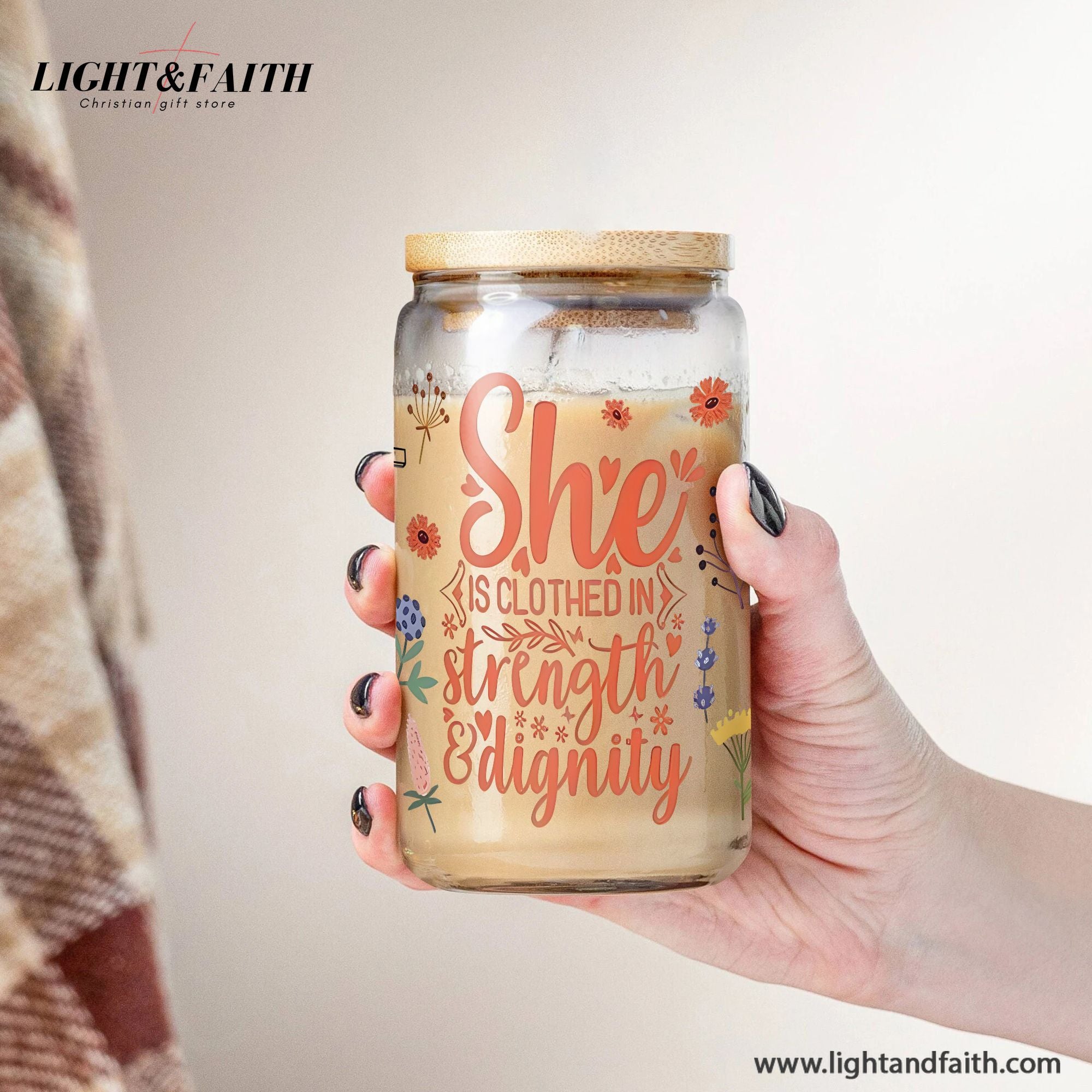 Christian Glass Can with Bamboo Lid and Straw, She Is Clothed in Strength and Dignity Cup, Proverbs 31:25 Scripture Tumbler Gift GCLAF45