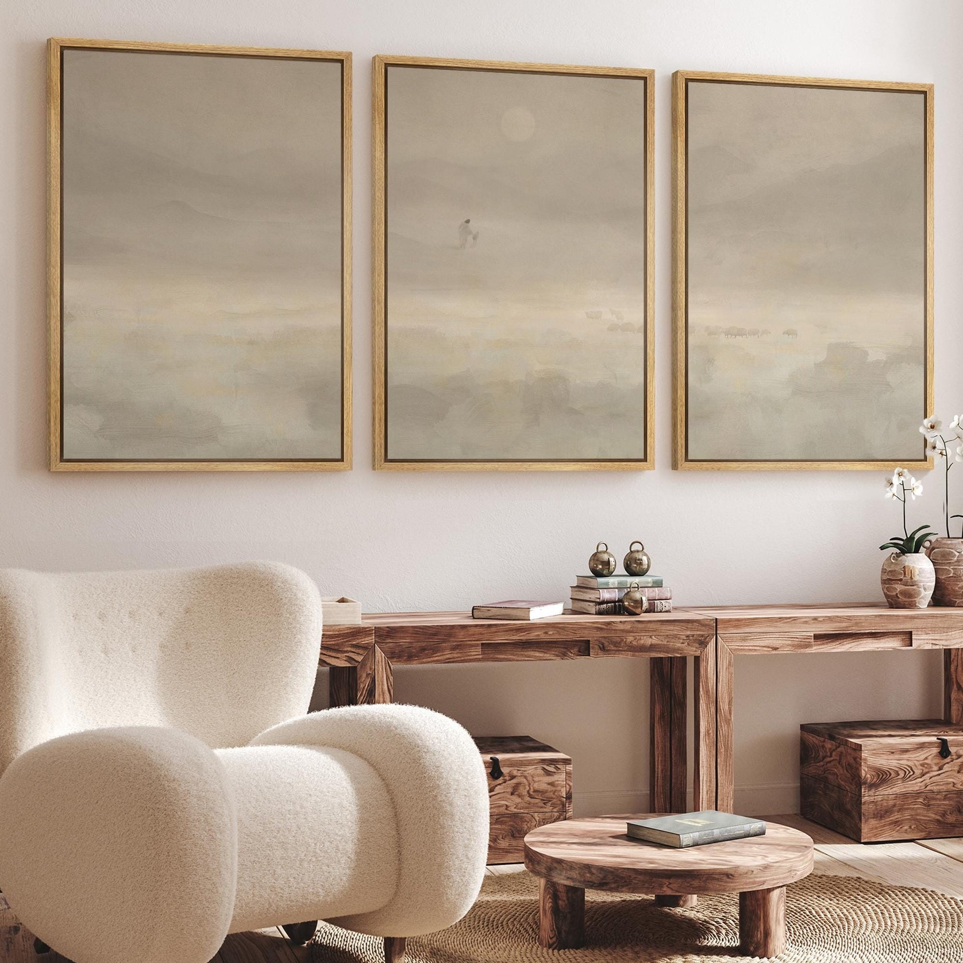 Jesus & Sheep Poster – Set of 3 Framed Minimalist Christian Prints, Pastoral Abstract Landscape in Soft Neutrals for Church or Home DecorGift, Minimalist Christian Art Jesus