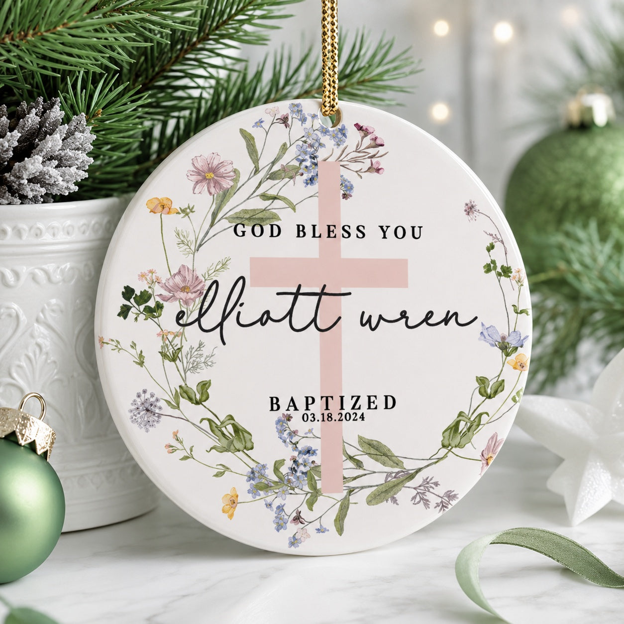 Personalized Floral Cross Baptism Ceramic Ornament, Custom Name and Date Christian Keepsake, Baby Christening Gift CRMO19