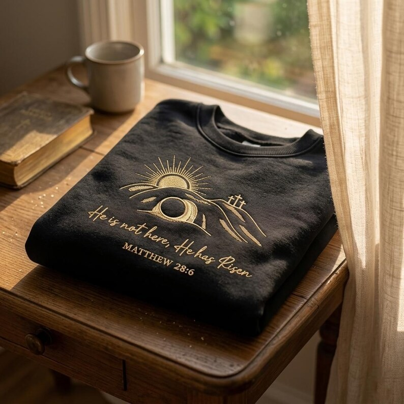 He Is Not Here He Has Risen Easter Sweatshirt, Matthew 28:6 Christian Shirt, Embroidered Faith Crewneck, Resurrection Sunday Gift GEMB33