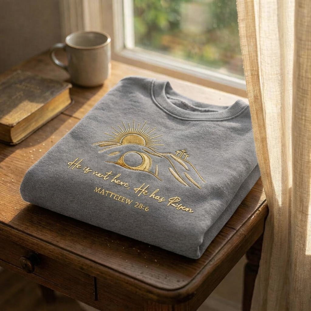 He Is Not Here He Has Risen Easter Sweatshirt, Matthew 28:6 Christian Shirt, Embroidered Faith Crewneck, Resurrection Sunday Gift GEMB33