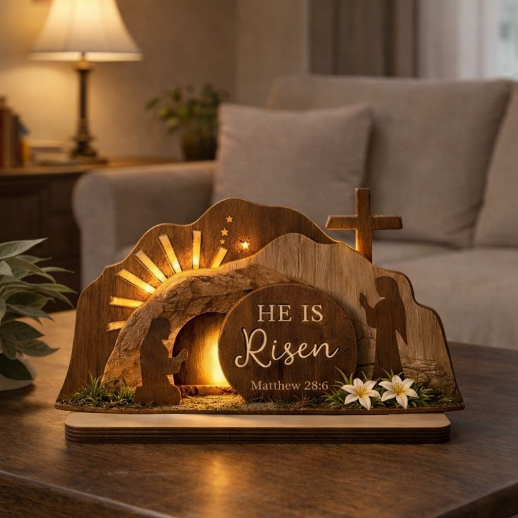 He Is Risen Easter Wooden Plaque, Empty Tomb Scene, Christian Home Decor, Faith Gift