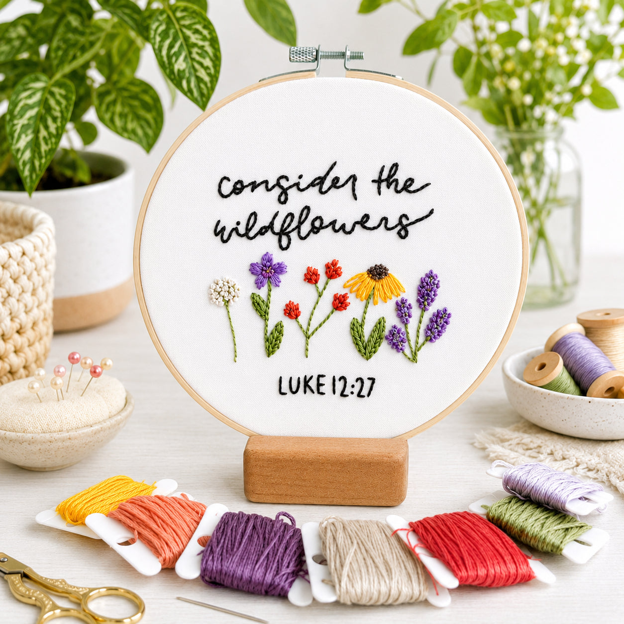 Luke 12:27 Bible Verse Embroidery Hoop Art, Consider the Wildflowers Embroidery Hoop Art, Wall Decor, Hand Embroidered Flower Wreath, Wheatear Embroidery Hoop EH03