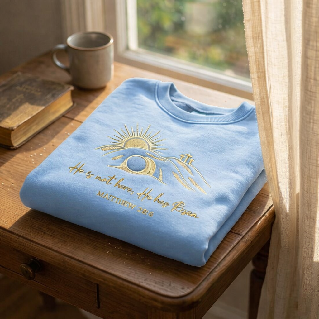 He Is Not Here He Has Risen Easter Sweatshirt, Matthew 28:6 Christian Shirt, Embroidered Faith Crewneck, Resurrection Sunday Gift GEMB33
