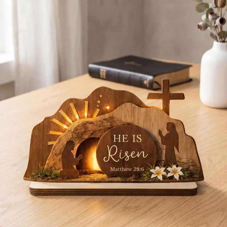 He Is Risen Easter Wooden Plaque, Empty Tomb Scene, Christian Home Decor, Faith Gift