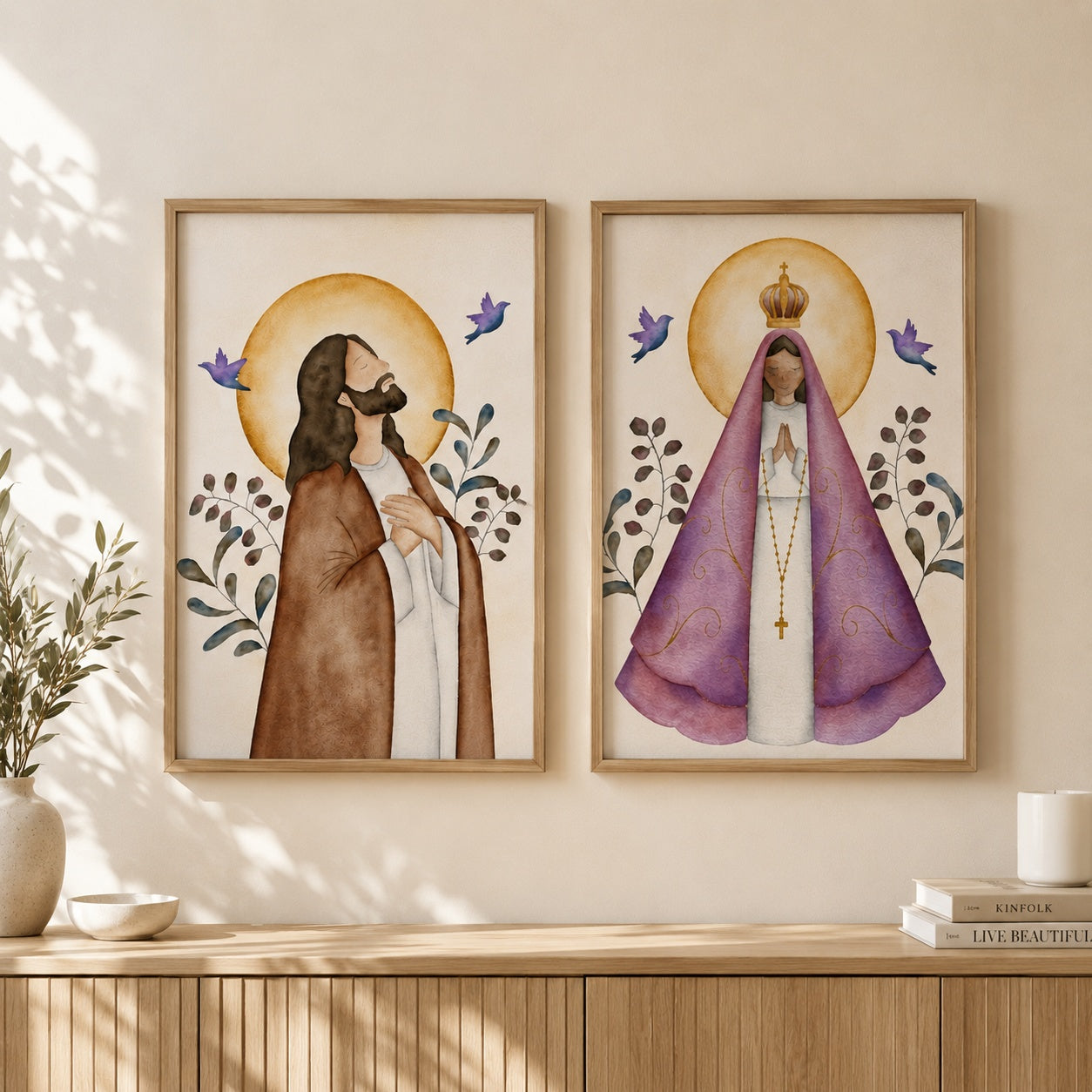 Watercolor Jesus and Our Lady Poster, Catholic Portrait Print, Jesus and Virgin Mary Christian Poster, Christian Religious Artwork, Hanging Decor PTSETA18