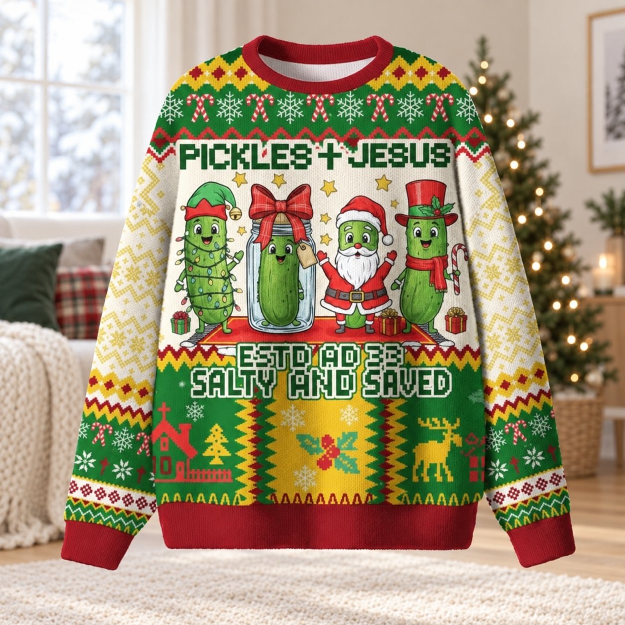 Pickles and Jesus Funny Ugly Christmas Sweater, Christian Holiday Sweatshirt, Quirky Religious Xmas Gift XMASUS19