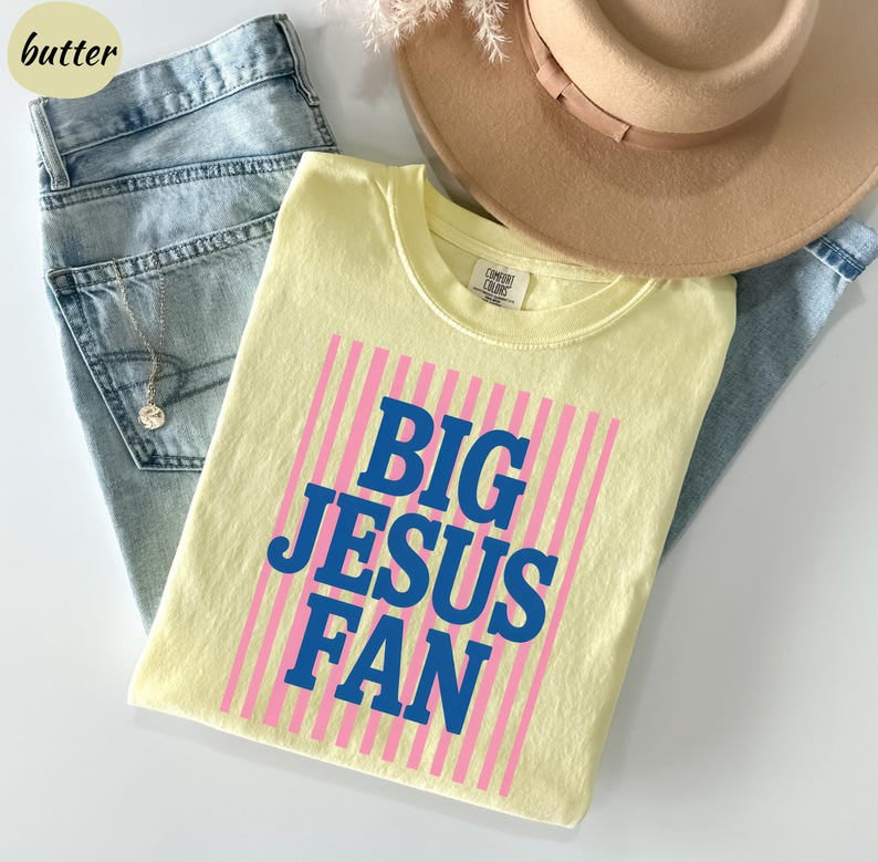 Big Jesus Fan Shirt, Comfort Colors, Womens Religious Gifts, Striped Preppy Christian T-Shirt, Faith Inspirational CFS18