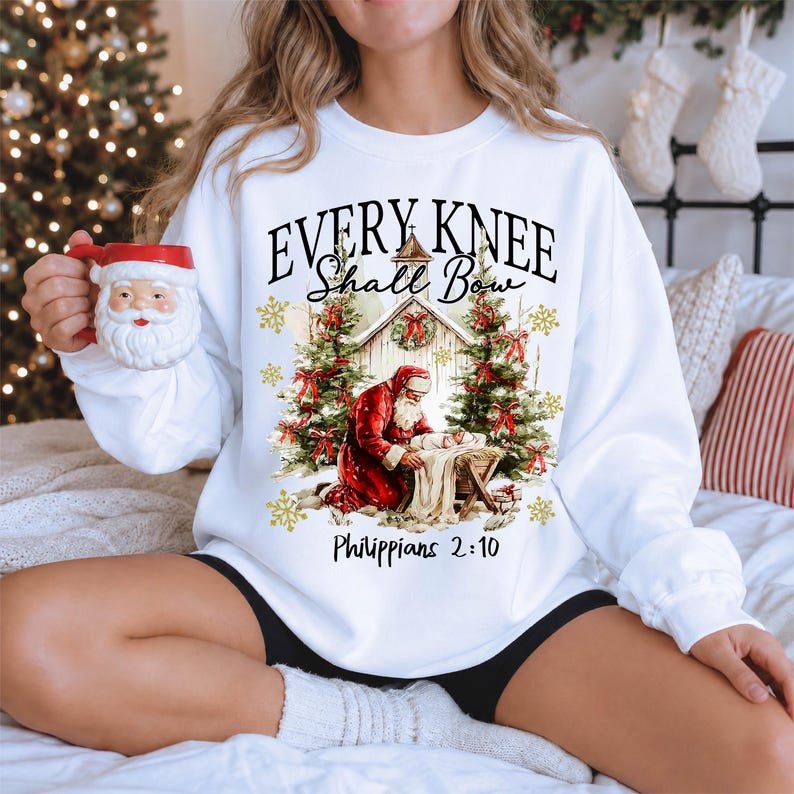 Every Knee Shall Bow Sweatshirt, Christmas Christian Shirt, Bible Verse Sweater, Religious Winter Holiday Tee CFNE19