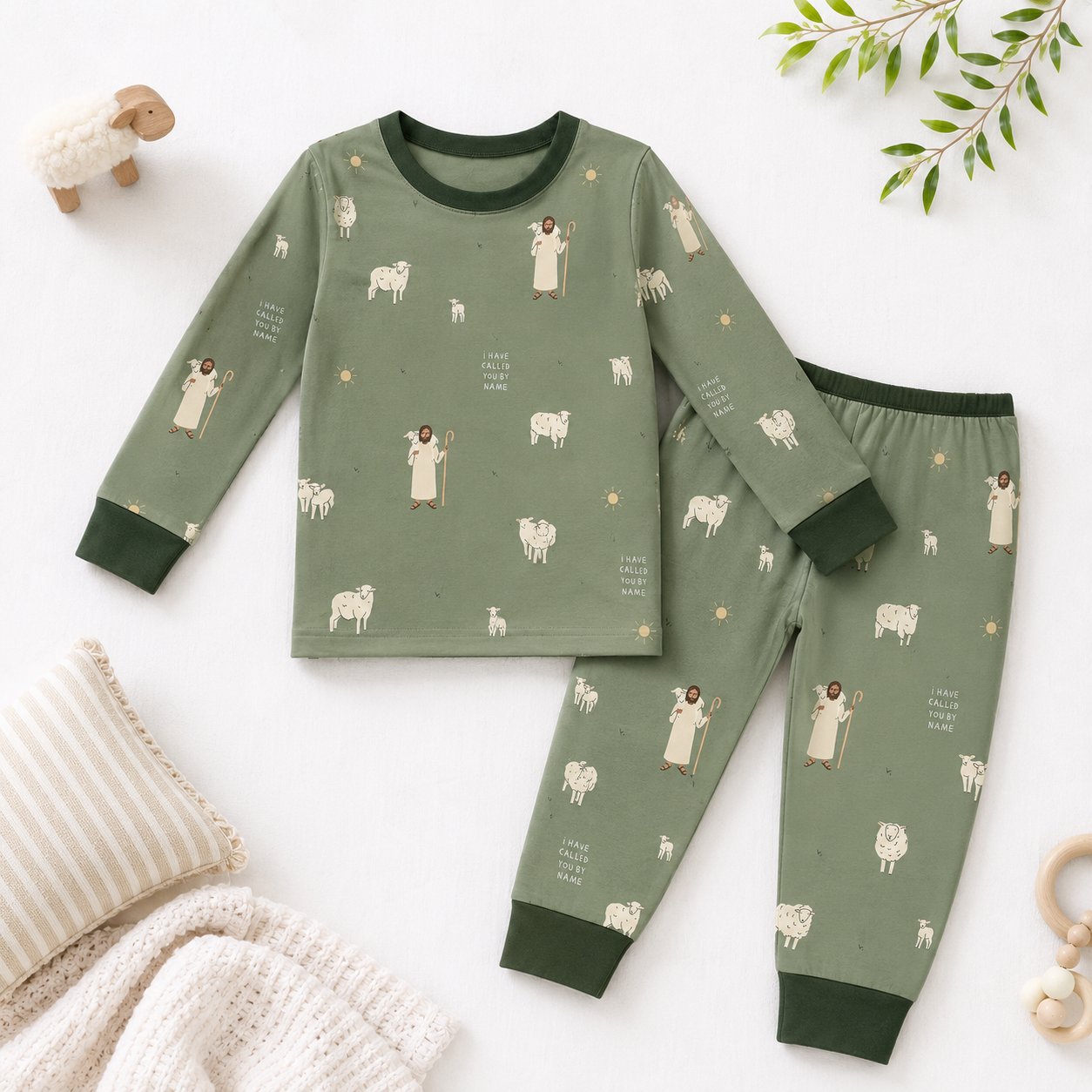 Good Shepherd Bamboo Baby Kids Pajamas Set, Jesus and Lamb Christian PJs, Green Religious Toddler Sleepwear, Faith Gift BBPJSS17