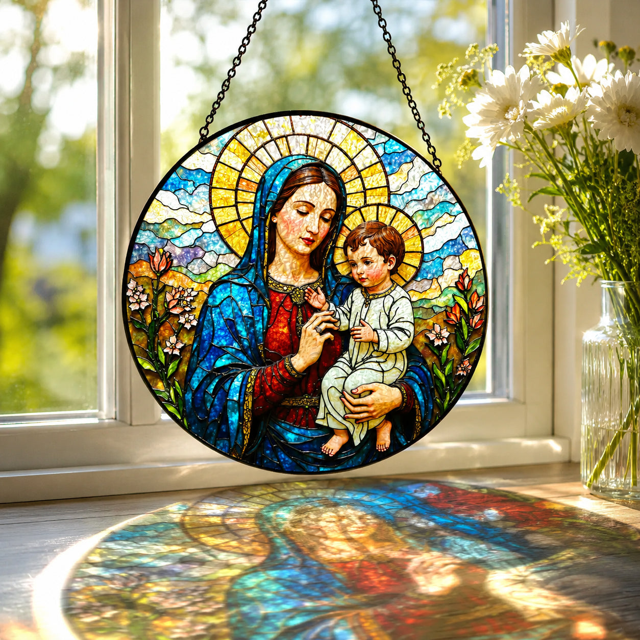 Virgin Mary and Baby Jesus Stained Glass Suncatcher – Madonna and Child Christian Window Hanging, Catholic Religious Gift  GLASS19