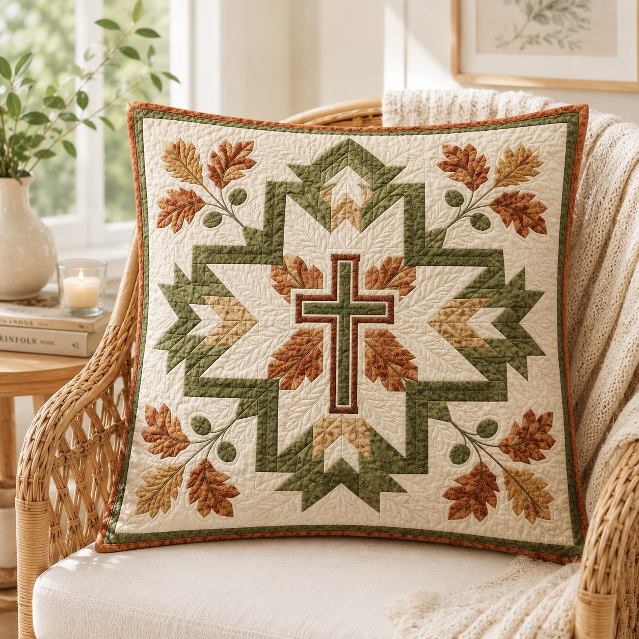 Fall Cross Quilted Pillow Case, Christian Autumn Pillow Cover, Rustic Faith Home Decor, Religious Christian Gift QPILLOW18