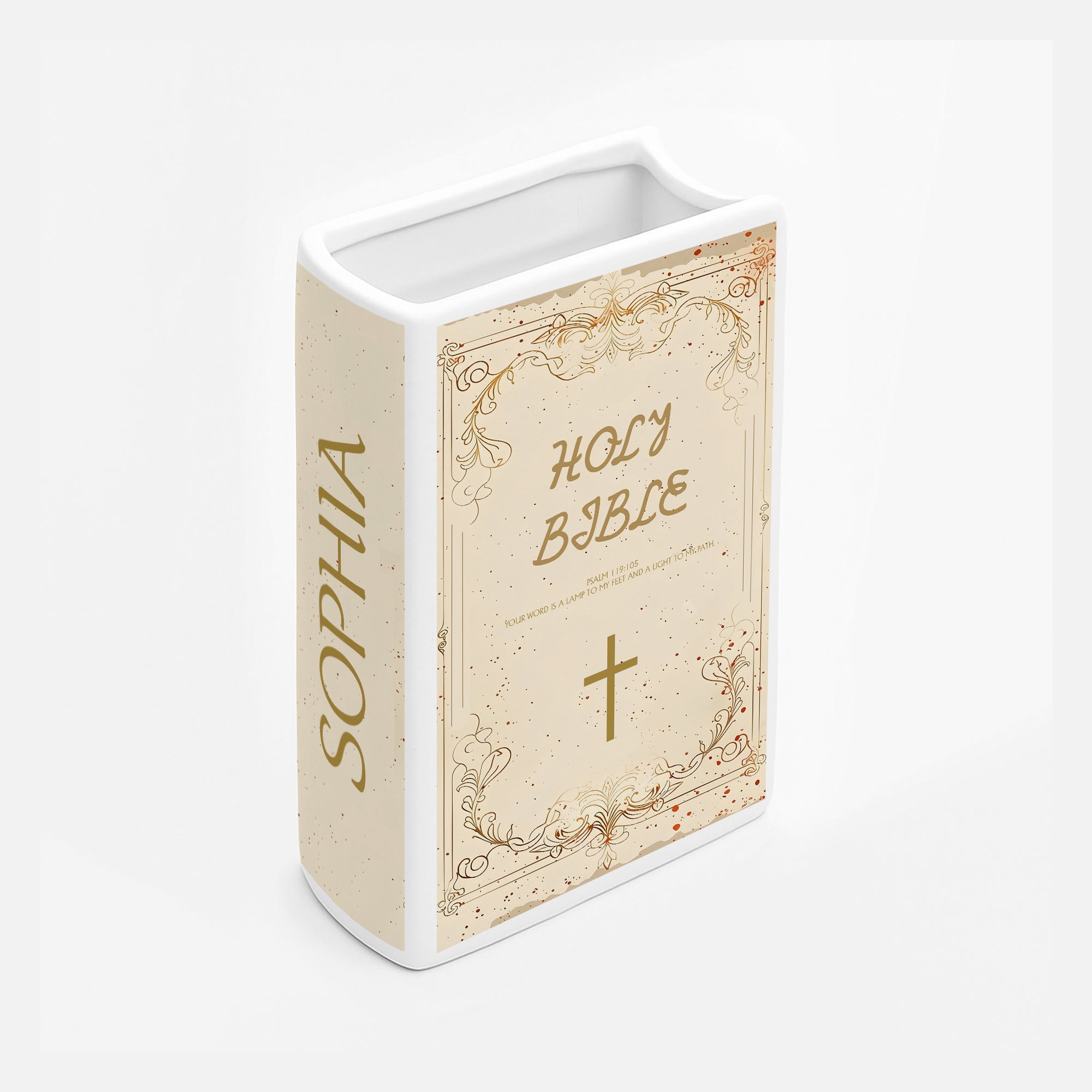 Personalized Ceramic Book Vase, Gold Cross Design with Scripture, Christian Gift for Her, Chistmas Gift CBLAF19
