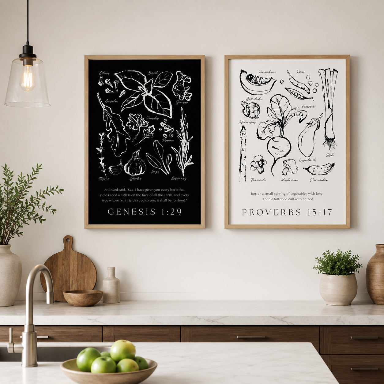 Christian Vegetable Poster, Christian Kitchen Wall Art Set of 2, Genesis 1:29 and Proverbs 15:17 Bible Verse Posters, Botanical Vegetable Prints, Farmhouse Dining Decor PTSET12