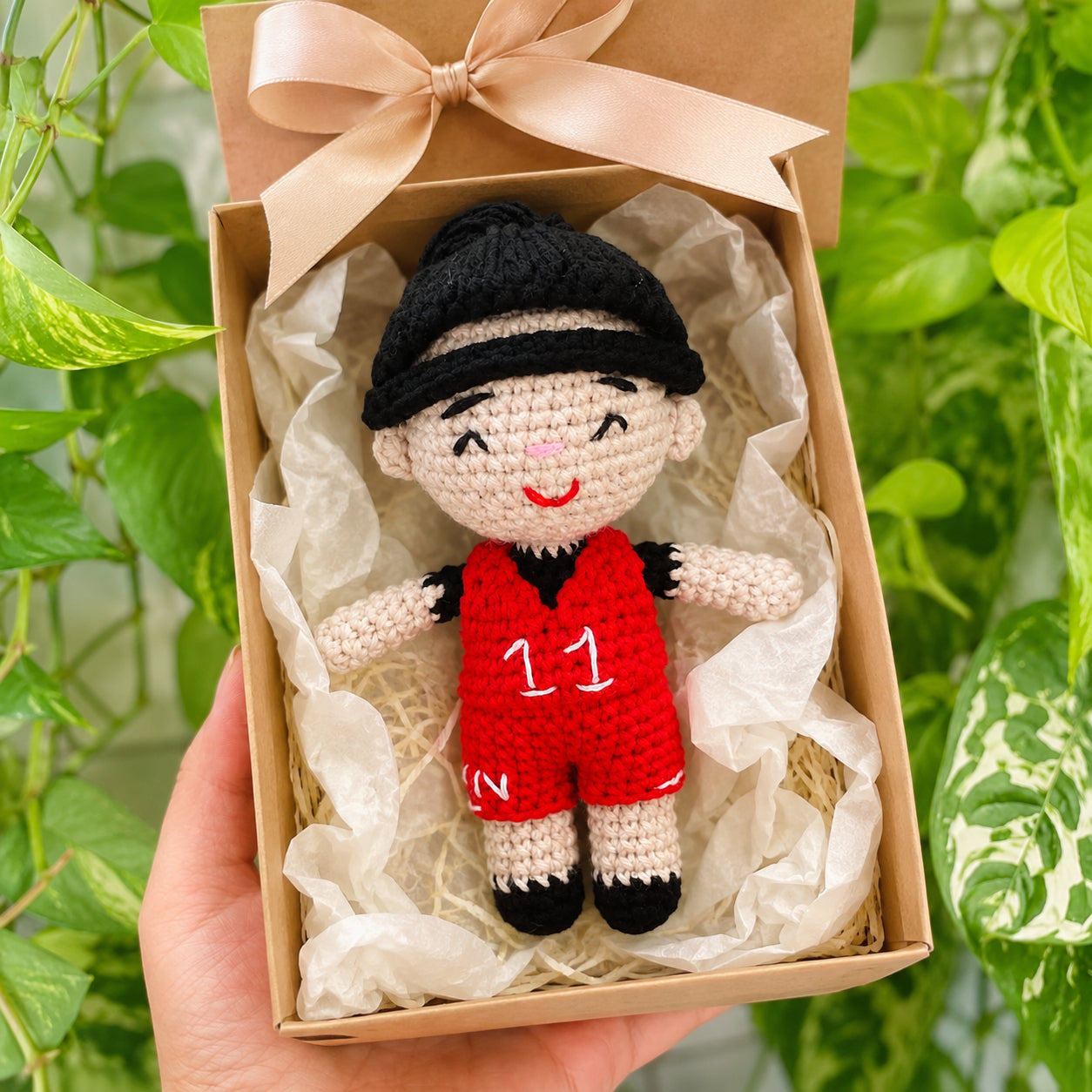 Handmade Crochet Saint Carlo Acutis Doll – Catholic Amigurumi Young Saint Figurine, Personalized Red Outfit with Cap, Christian Religious Gift, First Communion, Confirmation and Teen Faith Keepsake CR15