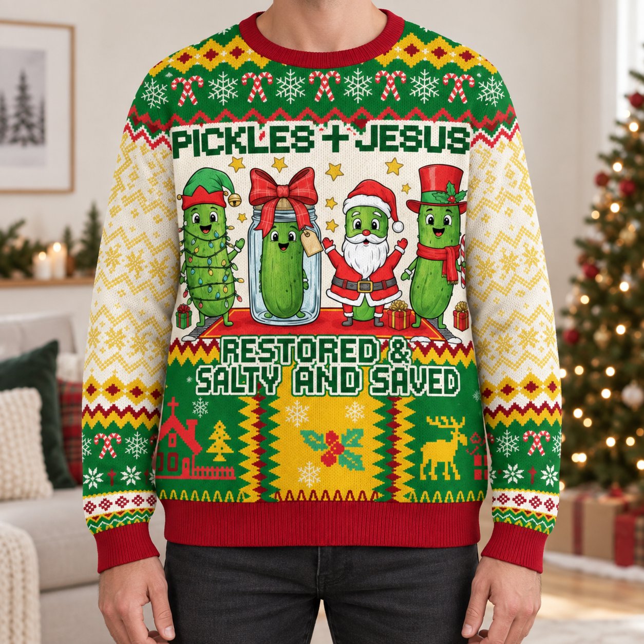 Pickles and Jesus Funny Ugly Christmas Sweater, Christian Holiday Sweatshirt, Quirky Religious Xmas Gift XMASUS19