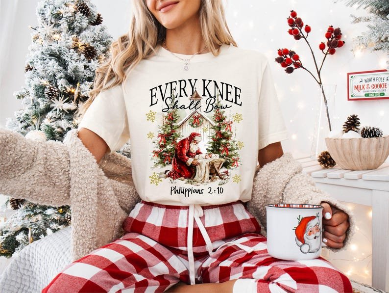 Every Knee Shall Bow Sweatshirt, Christmas Christian Shirt, Bible Verse Sweater, Religious Winter Holiday Tee CFNE19