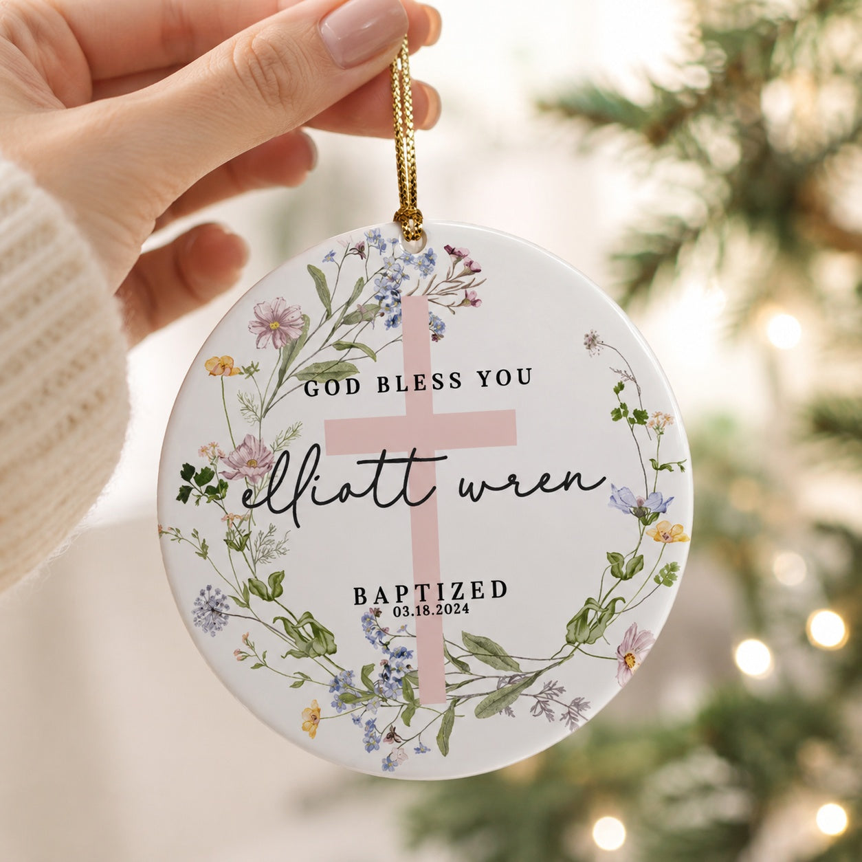 Personalized Floral Cross Baptism Ceramic Ornament, Custom Name and Date Christian Keepsake, Baby Christening Gift CRMO19