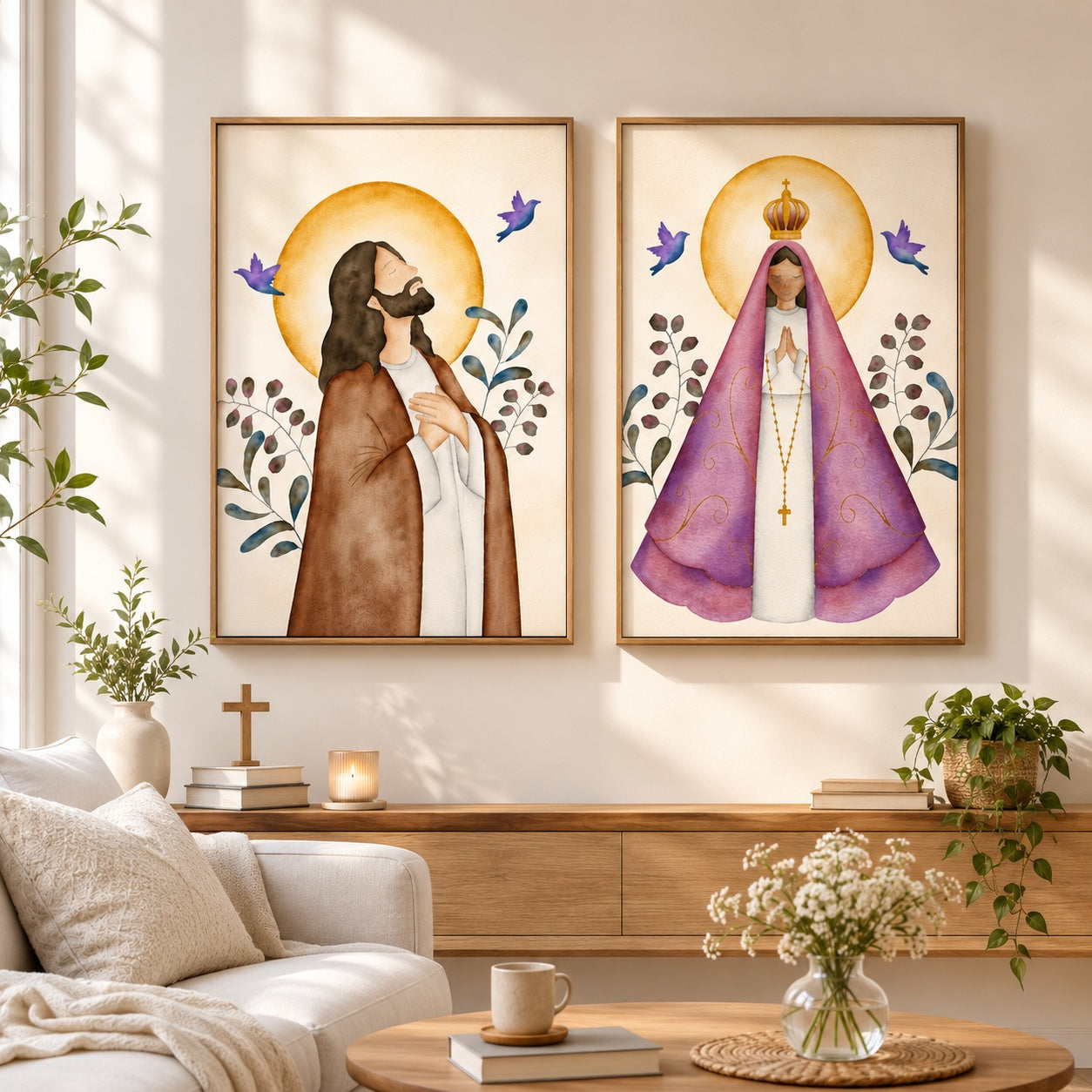 Watercolor Jesus and Our Lady Poster, Catholic Portrait Print, Jesus and Virgin Mary Christian Poster, Christian Religious Artwork, Hanging Decor PTSETA18