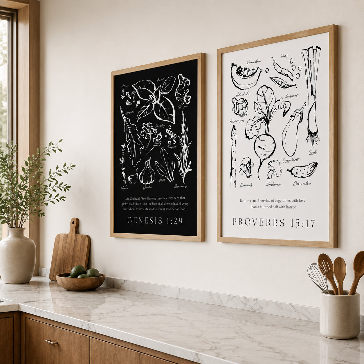 Christian Vegetable Poster, Christian Kitchen Wall Art Set of 2, Genesis 1:29 and Proverbs 15:17 Bible Verse Posters, Botanical Vegetable Prints, Farmhouse Dining Decor PTSET12