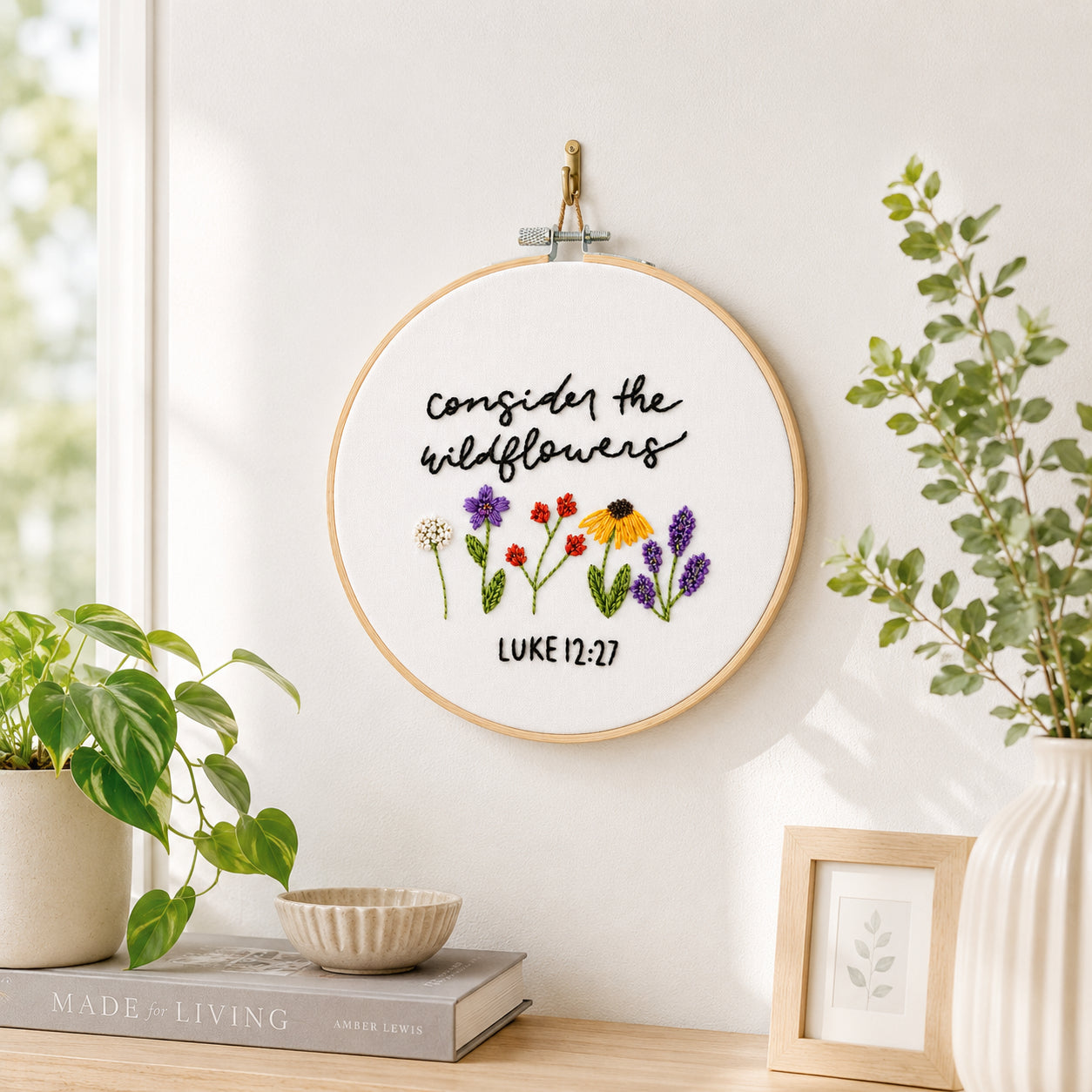 Luke 12:27 Bible Verse Embroidery Hoop Art, Consider the Wildflowers Embroidery Hoop Art, Wall Decor, Hand Embroidered Flower Wreath, Wheatear Embroidery Hoop EH03