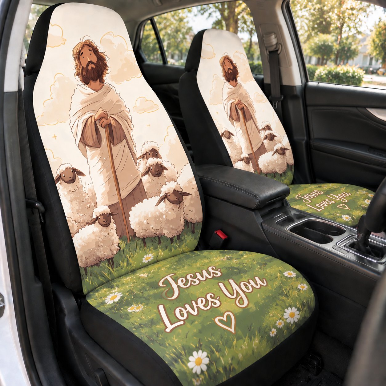 Jesus And Sheep Car Seat Covers, Christian Shepherd Auto Seat Cover, Bible Inspired Vehicle Accessories, Religious Gift For Families CARSC19