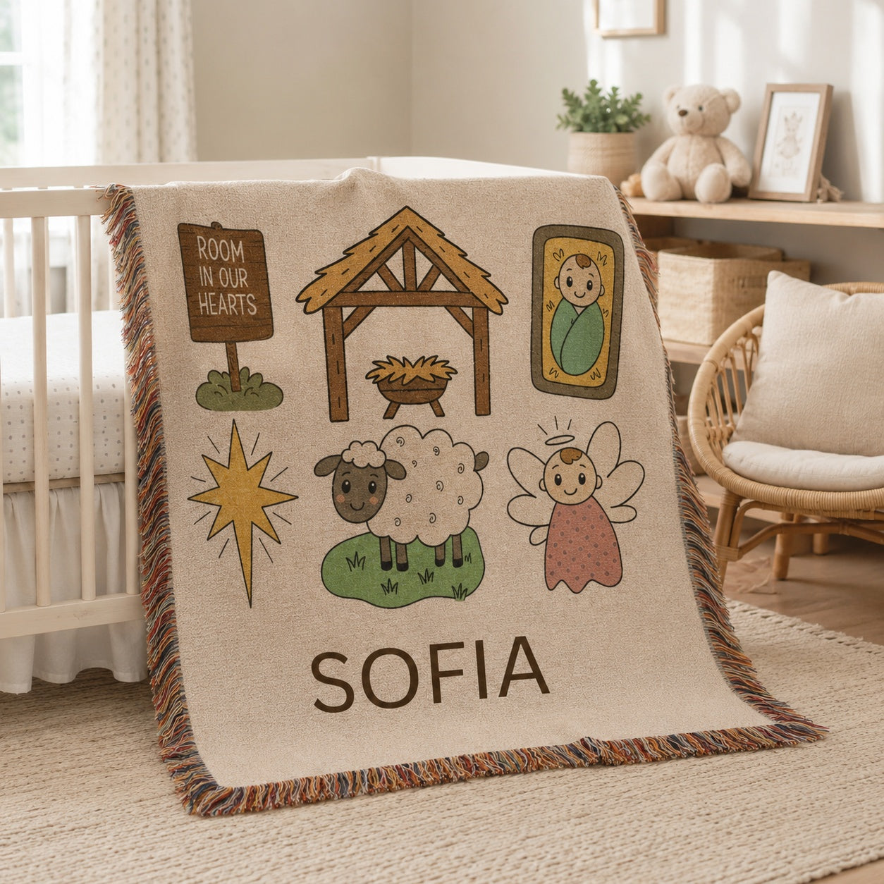 Personalized Nativity Woven Blanket, Custom Name Christian Baby Throw Blanket, Newborn Woven Blanket, Christmas Religious WBLAF19