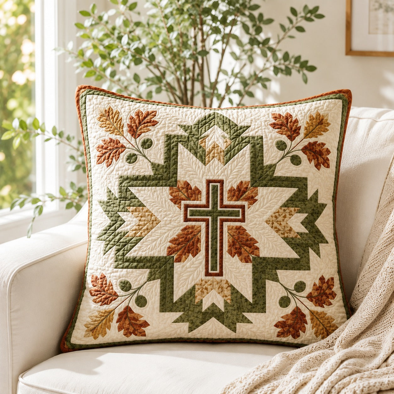 Fall Cross Quilted Pillow Case, Christian Autumn Pillow Cover, Rustic Faith Home Decor, Religious Christian Gift QPILLOW18