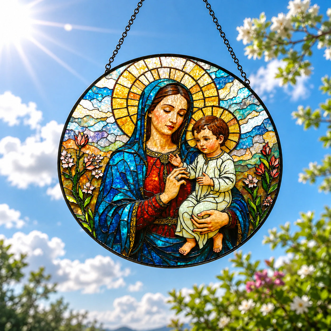 Virgin Mary and Baby Jesus Stained Glass Suncatcher – Madonna and Child Christian Window Hanging, Catholic Religious Gift  GLASS19