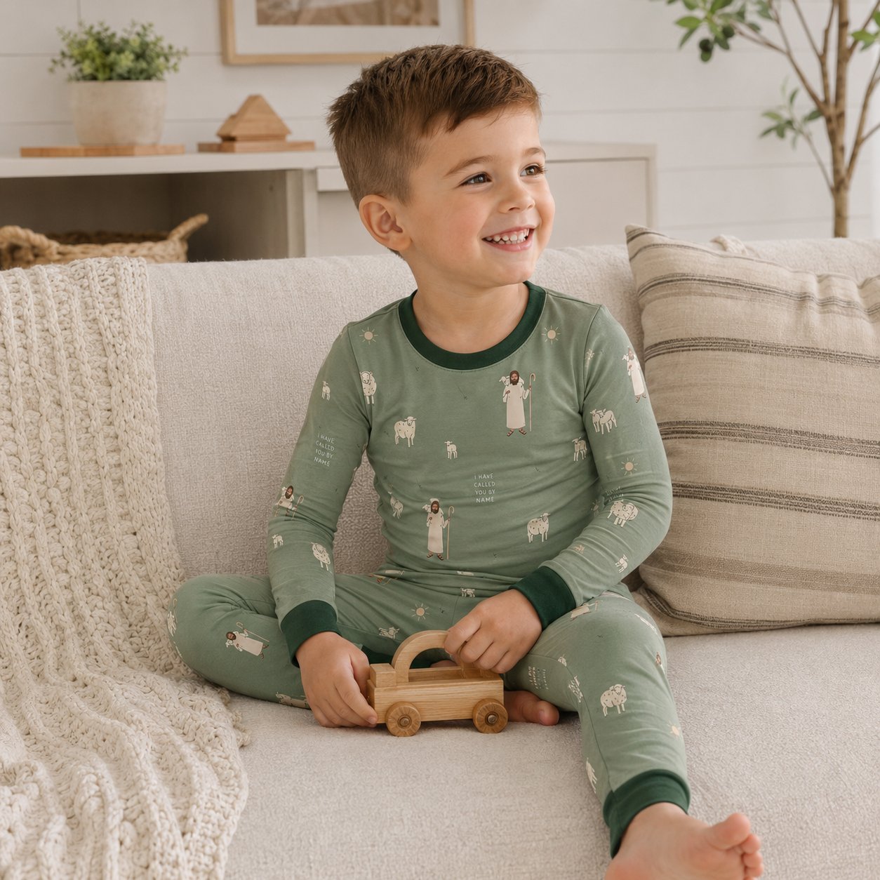 Good Shepherd Bamboo Baby Kids Pajamas Set, Jesus and Lamb Christian PJs, Green Religious Toddler Sleepwear, Faith Gift BBPJSS17