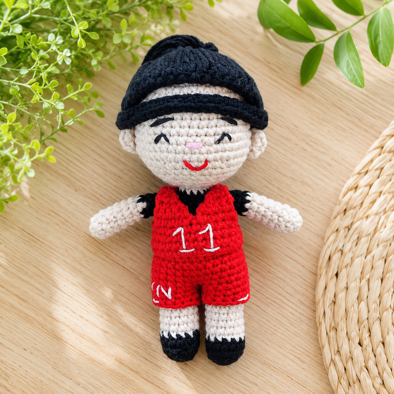 Handmade Crochet Saint Carlo Acutis Doll – Catholic Amigurumi Young Saint Figurine, Personalized Red Outfit with Cap, Christian Religious Gift, First Communion, Confirmation and Teen Faith Keepsake CR15