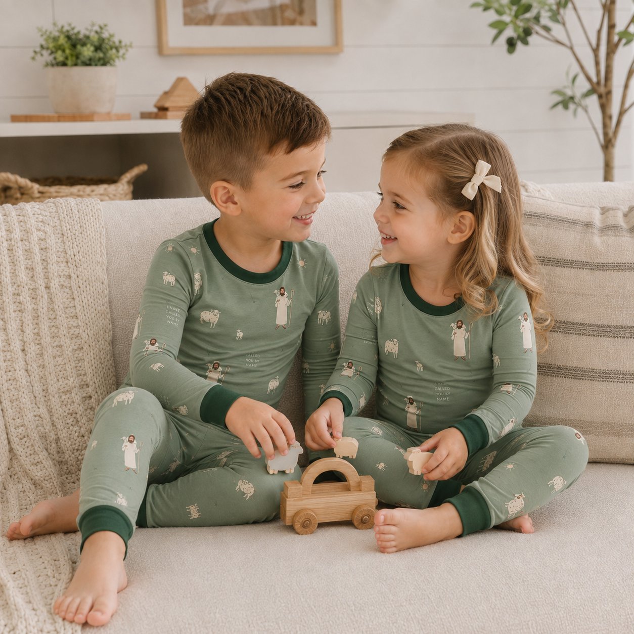 Good Shepherd Bamboo Baby Kids Pajamas Set, Jesus and Lamb Christian PJs, Green Religious Toddler Sleepwear, Faith Gift BBPJSS17
