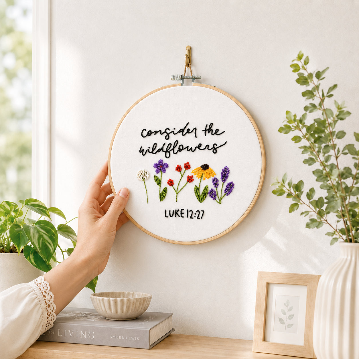 Luke 12:27 Bible Verse Embroidery Hoop Art, Consider the Wildflowers Embroidery Hoop Art, Wall Decor, Hand Embroidered Flower Wreath, Wheatear Embroidery Hoop EH03