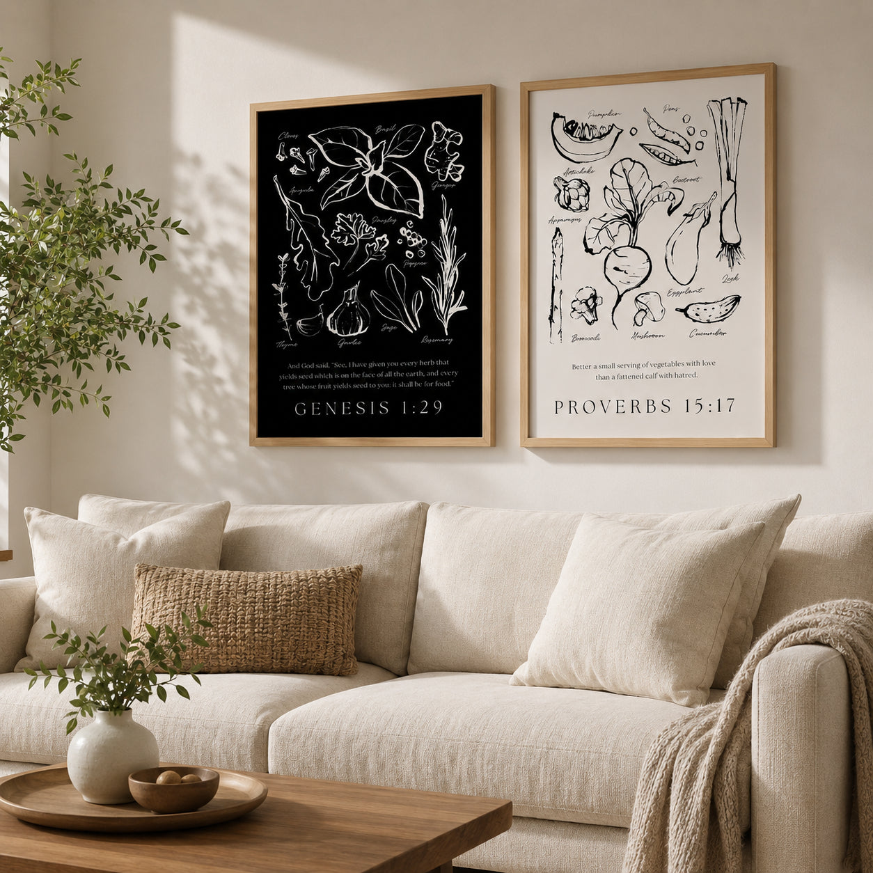 Christian Vegetable Poster, Christian Kitchen Wall Art Set of 2, Genesis 1:29 and Proverbs 15:17 Bible Verse Posters, Botanical Vegetable Prints, Farmhouse Dining Decor PTSET12