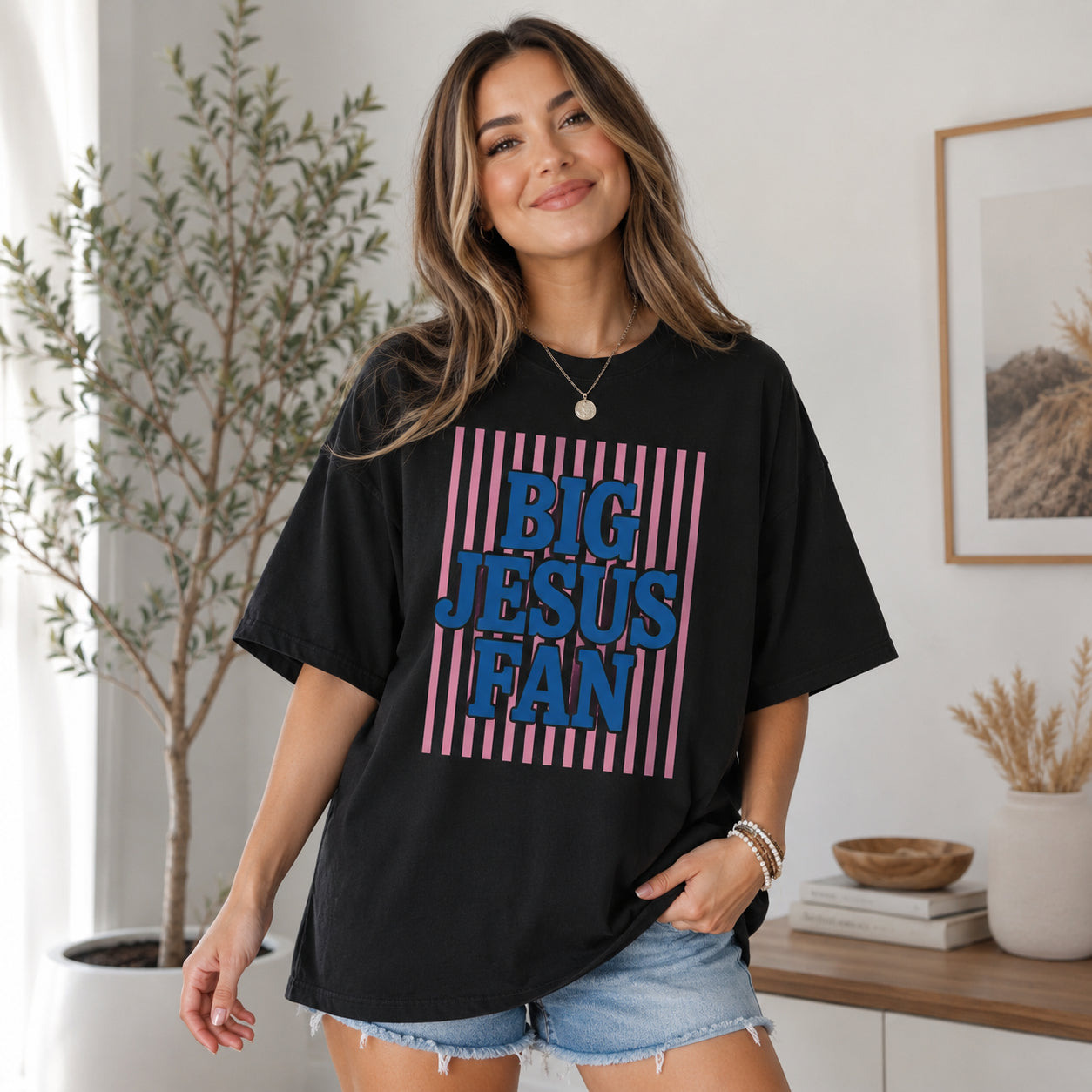 Big Jesus Fan Shirt, Comfort Colors, Womens Religious Gifts, Striped Preppy Christian T-Shirt, Faith Inspirational CFS18