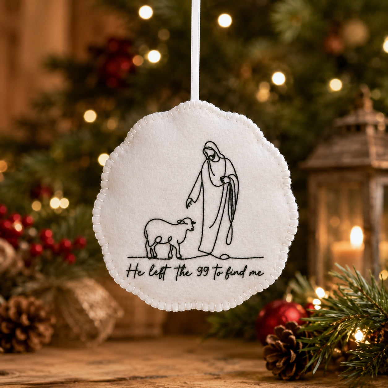 Personalized Jesus Lost Sheep Felt Ornament, He Left the 99 to Find Me Ornament, Catholic Jesus Ornament, Embroidered Felt Ornament Decor FE08