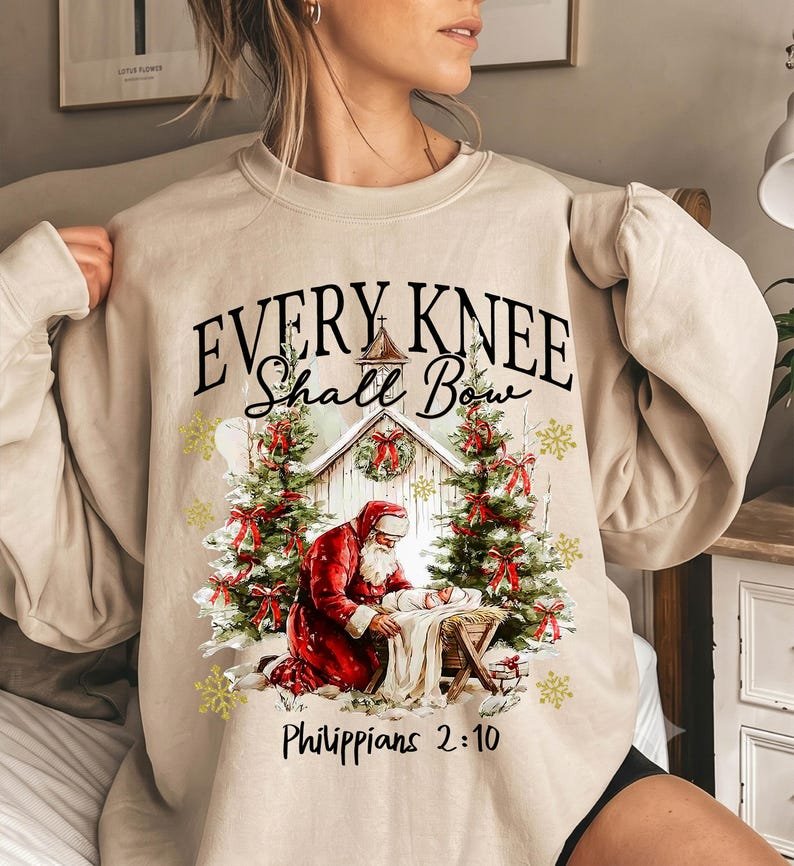 Every Knee Shall Bow Sweatshirt, Christmas Christian Shirt, Bible Verse Sweater, Religious Winter Holiday Tee CFNE19