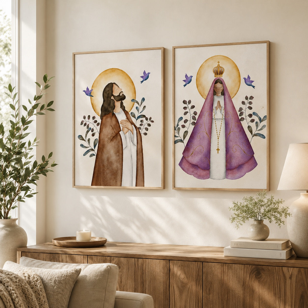 Watercolor Jesus and Our Lady Poster, Catholic Portrait Print, Jesus and Virgin Mary Christian Poster, Christian Religious Artwork, Hanging Decor PTSETA18