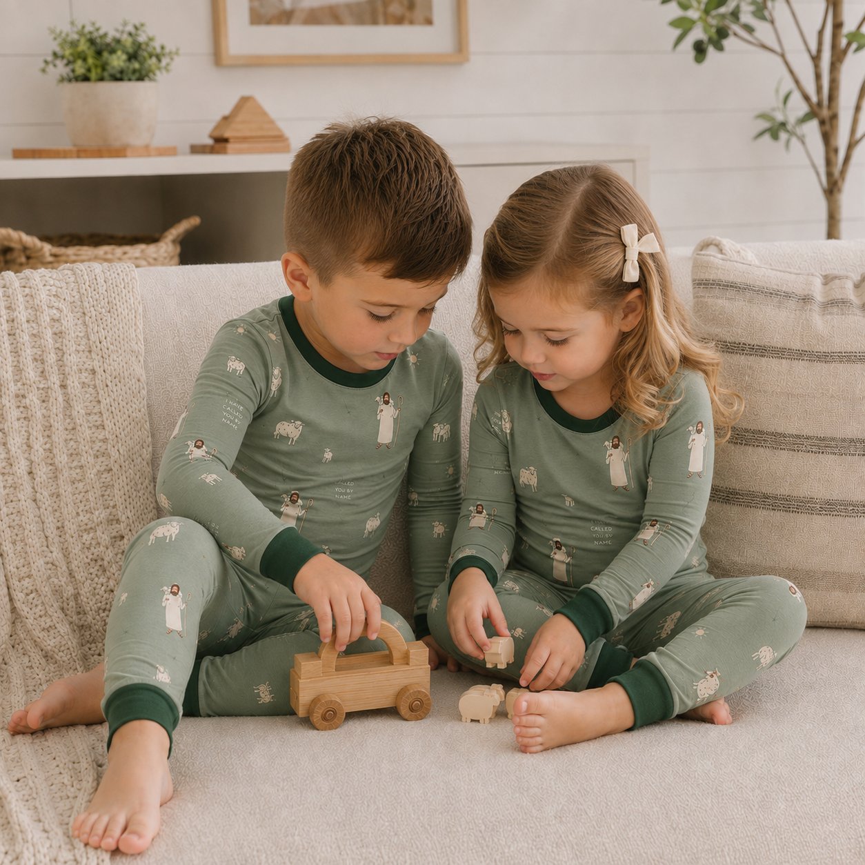 Good Shepherd Bamboo Baby Kids Pajamas Set, Jesus and Lamb Christian PJs, Green Religious Toddler Sleepwear, Faith Gift BBPJSS17