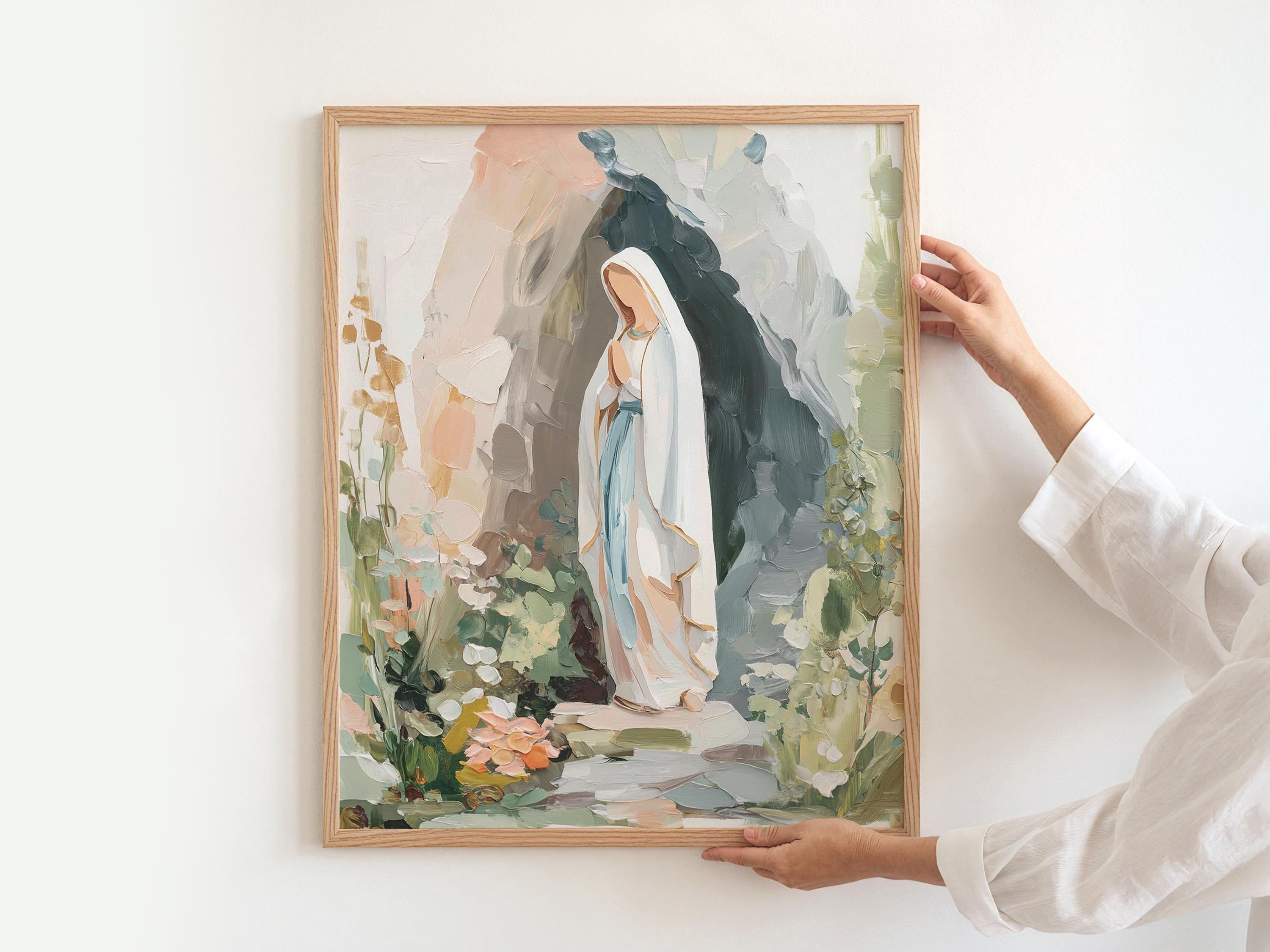 Our Lady of Lourdes Art Print, Virgin Mary Painting, Catholic Wall Art, Modern Christian Decor, Blessed Mother Gift for Her, Neutral Artwork