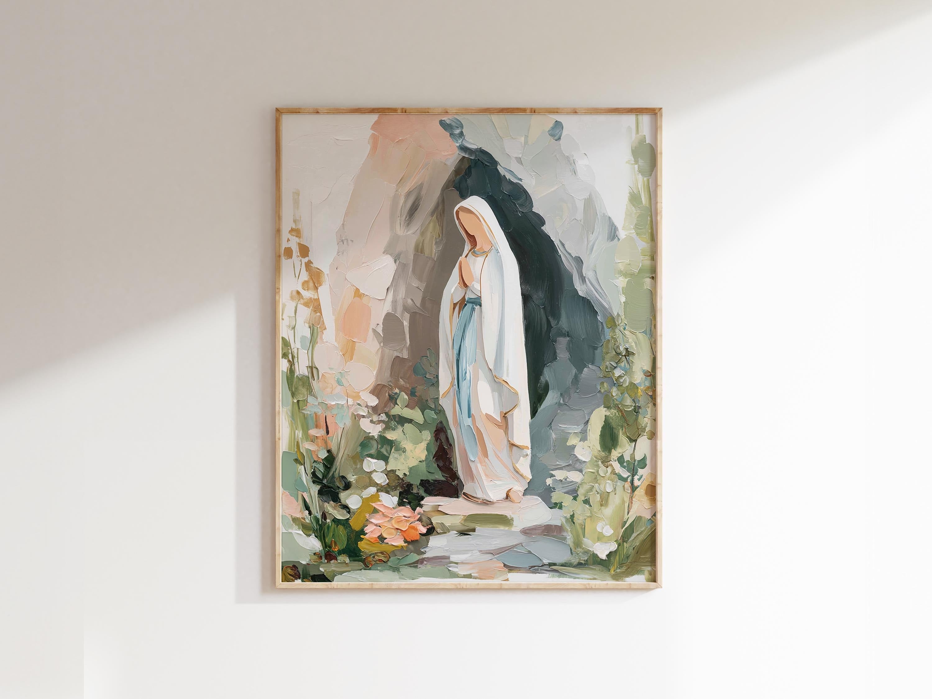 Our Lady of Lourdes Art Print, Virgin Mary Painting, Catholic Wall Art, Modern Christian Decor, Blessed Mother Gift for Her, Neutral Artwork