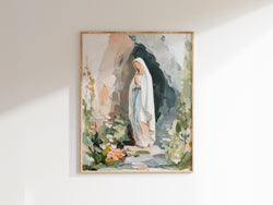 Our Lady of Lourdes Art Print, Virgin Mary Painting, Catholic Wall Art, Modern Christian Decor, Blessed Mother Gift for Her, Neutral Artwork