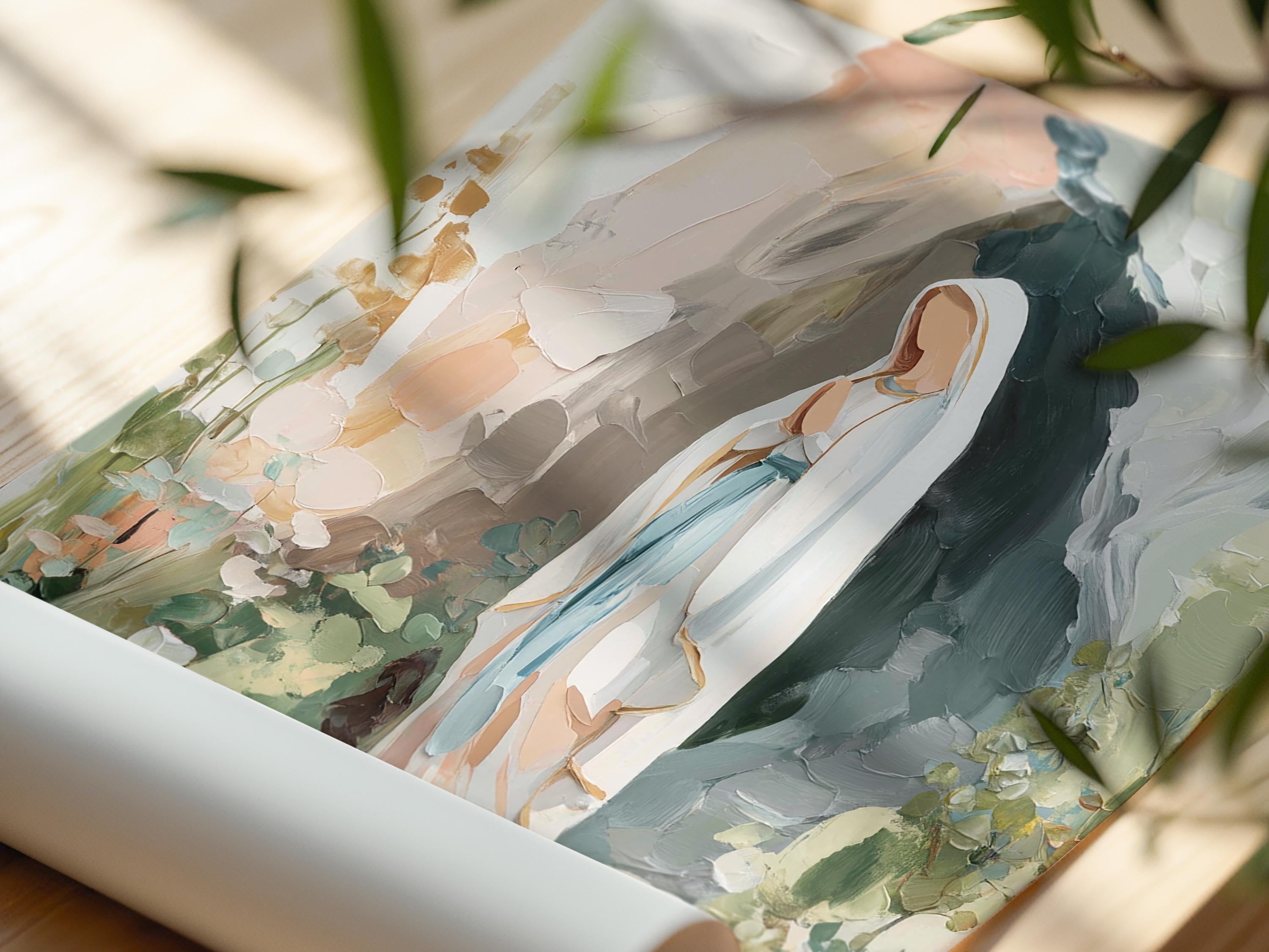 Our Lady of Lourdes Art Print, Virgin Mary Painting, Catholic Wall Art, Modern Christian Decor, Blessed Mother Gift for Her, Neutral Artwork