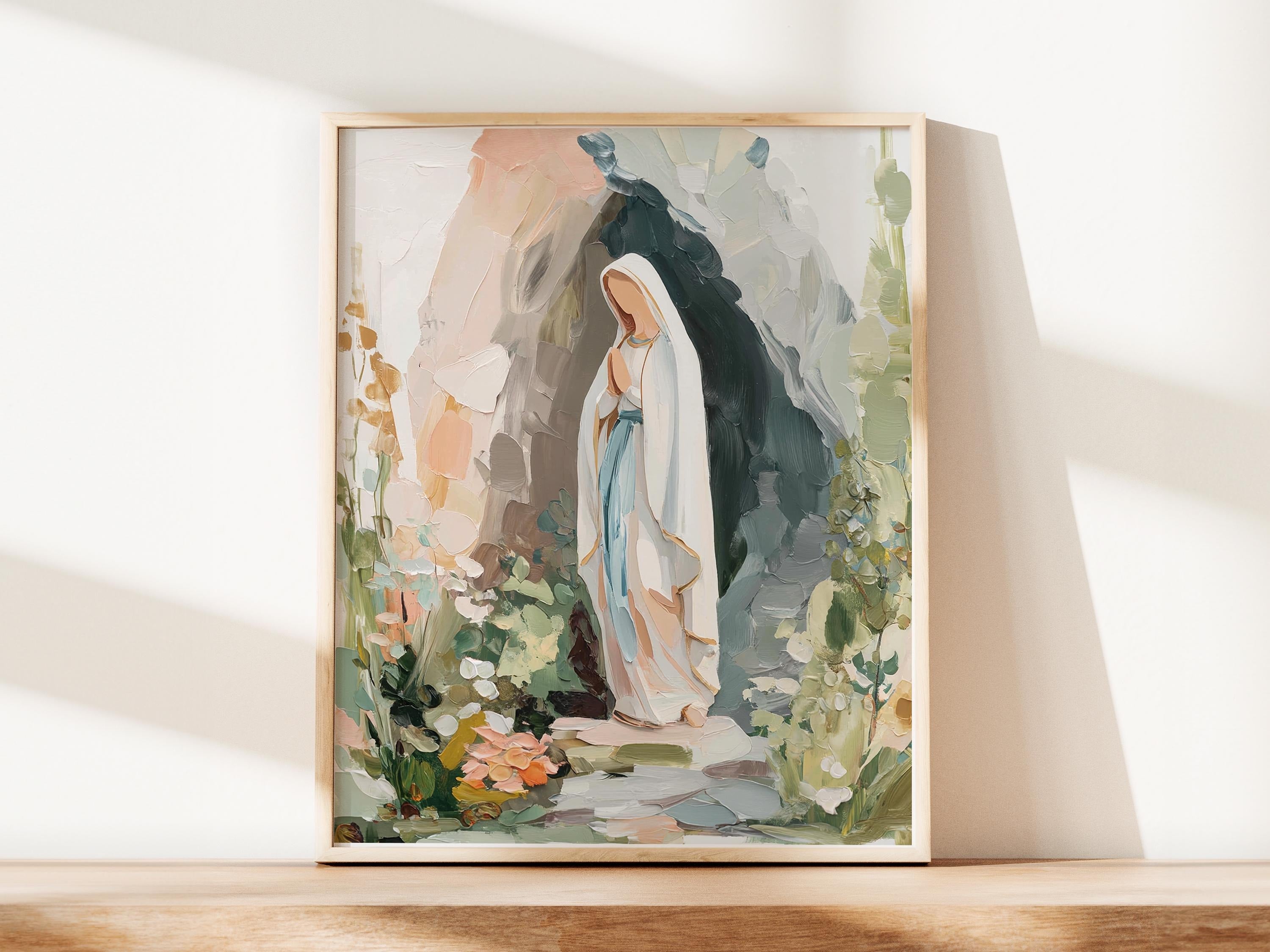 Our Lady of Lourdes Art Print, Virgin Mary Painting, Catholic Wall Art, Modern Christian Decor, Blessed Mother Gift for Her, Neutral Artwork