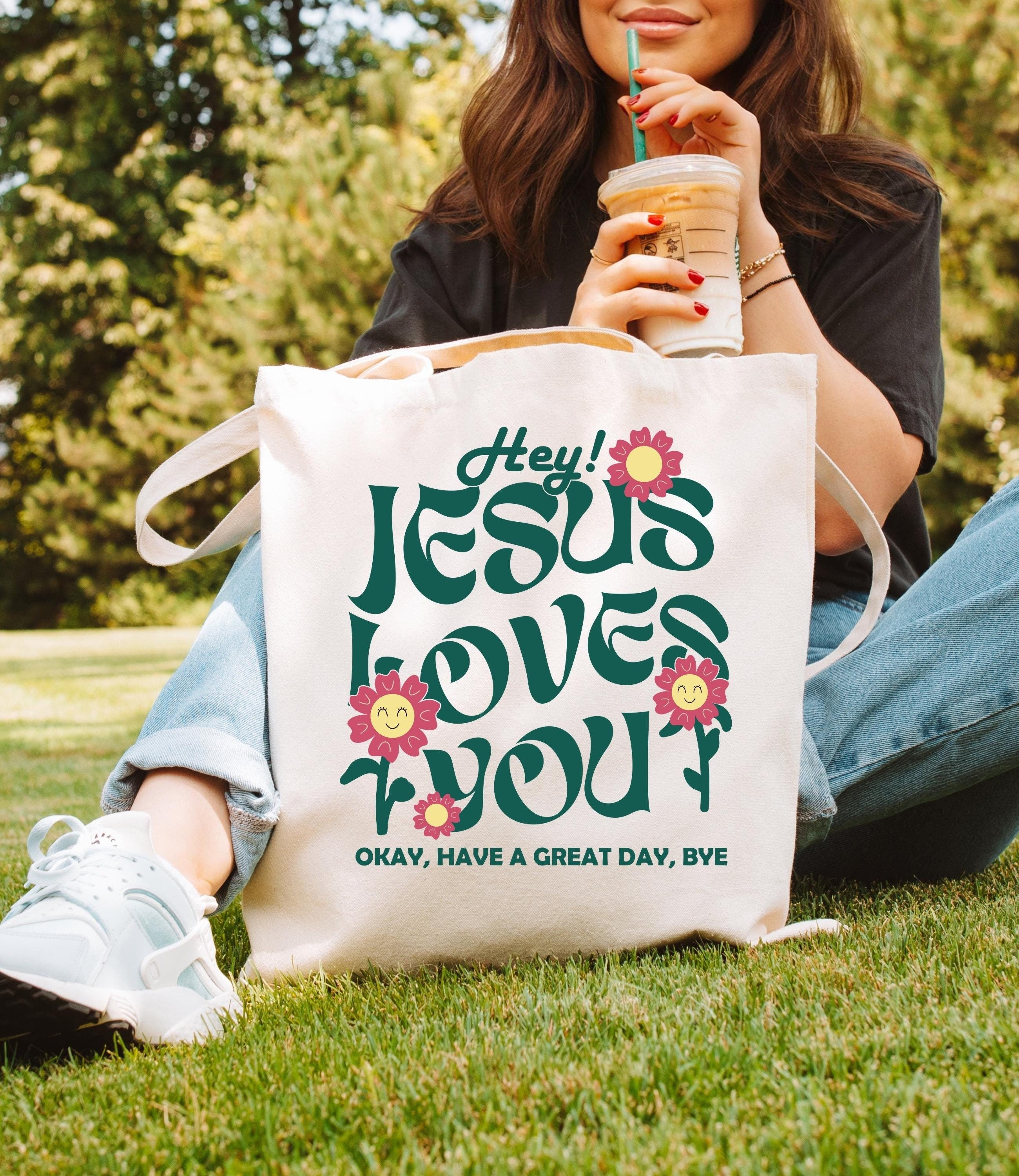 Jesus Loves You Bible Verse Tote Bag, Faith-Based Church Tote, Y2K Aesthetic Christian Bag, Catholic Religious Gift, Trendy Christian Tote TBLAF02